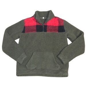 Buffalo Plaid 1/4 Zip Sherpa Pullover in Green/Red/Black Size Large